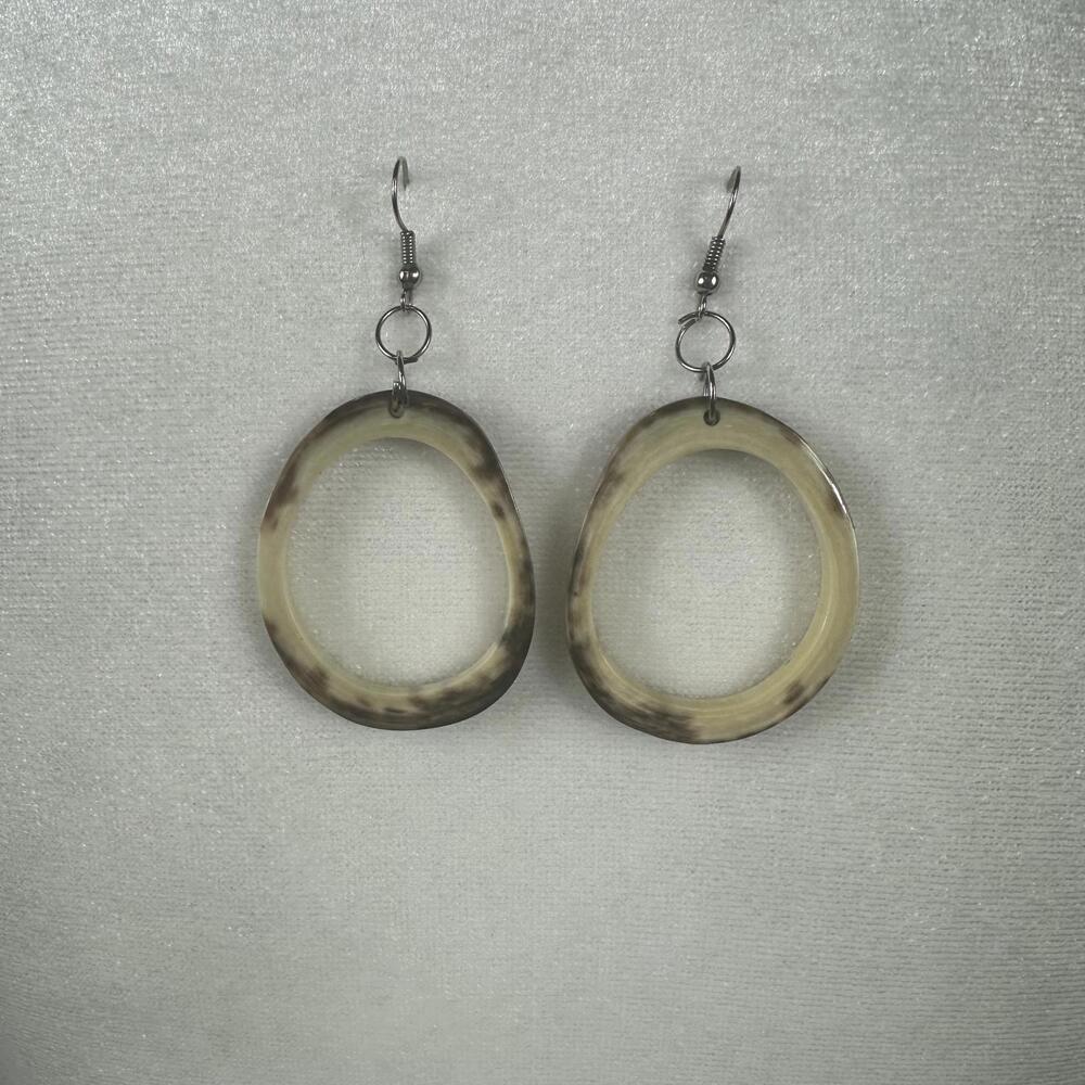 Cream and Brown Acrylic‎ Oval Dangle Earrings with Silver Post